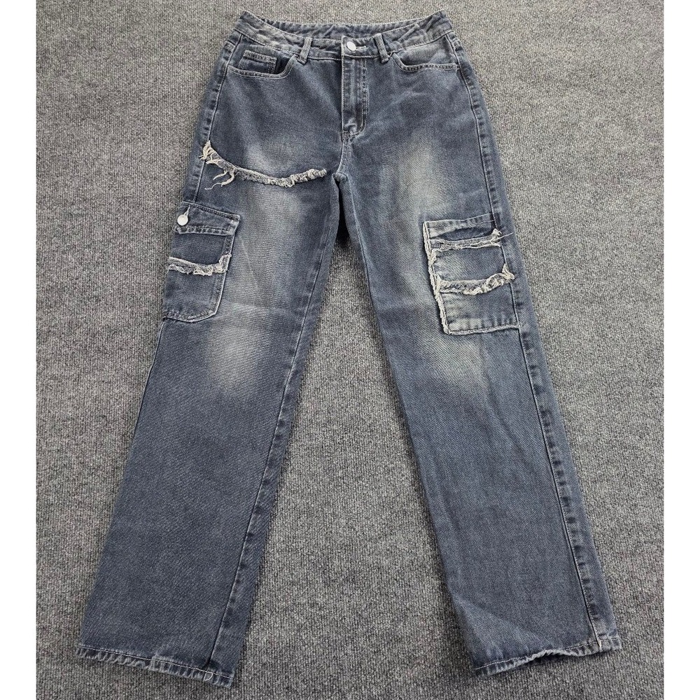 Distressed Cargo Jeans Gray Acid Wash Straight Leg Streetwear Size M